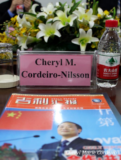 Cheryl M. Cordeiro-Nilsson, tag, Geely headquarters, Hangzhou, China.